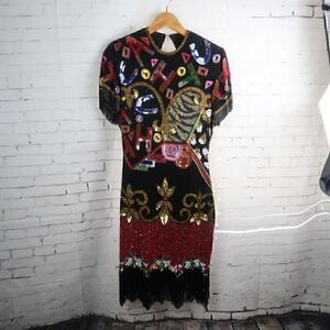 NAEEM KHAN RIAZEE VINTAGE SILK MULTI COLORED BEADED FRINGE SEQUIN PARTY DRESS